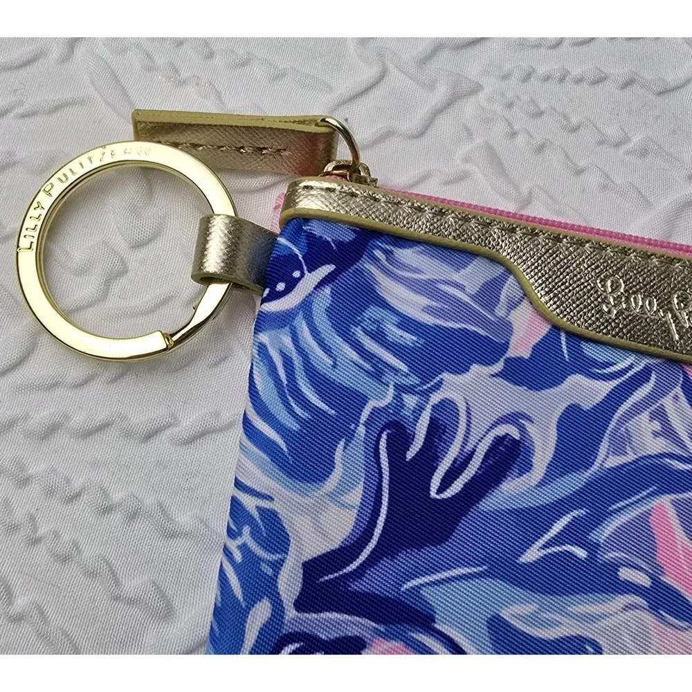 Lilly Pulitzer ID Case Wallet Womens Blue Pink Floral Gold Key Ring Zippered